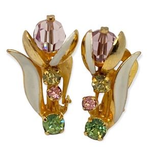 Vintage Made In Austria Gold tone Tulip Earrings Colorful Stone Clip On